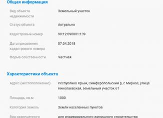 Земельный участок на продажу, 10 сот., Крым, Николаевская улица, 62