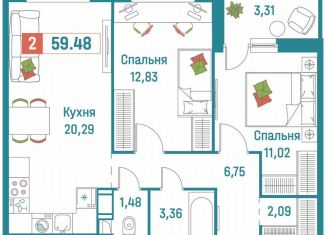 Продам двухкомнатную квартиру, 59.5 м2, Мурино, ЖК Графика