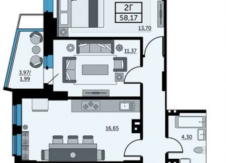 2-комнатная квартира на продажу, 58.5 м2, Ростов-на-Дону, улица Ларина, 45с6