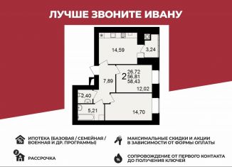 Продаю двухкомнатную квартиру, 58.4 м2, Рязань, улица Княжье Поле, 10