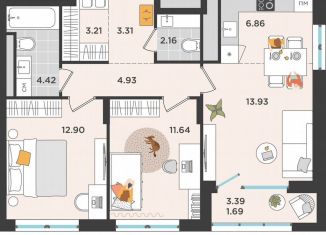 Двухкомнатная квартира на продажу, 65.1 м2, Пермь, улица Металлистов, 18