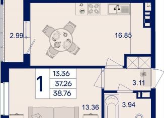 Продам однокомнатную квартиру, 38.8 м2, Краснодар