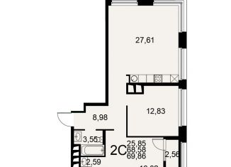 2-комнатная квартира на продажу, 69.9 м2, Рязань, Московское шоссе, 49к1, ЖК Акцент