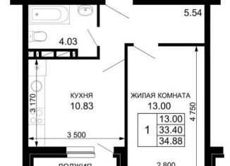 Продажа 1-ком. квартиры, 34.9 м2, Краснодар