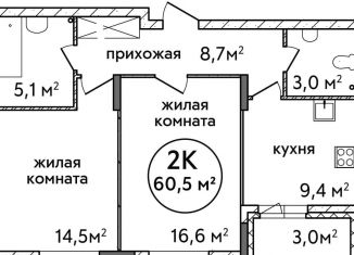 2-комнатная квартира на продажу, 60.5 м2, Нижний Новгород, жилой комплекс Подкова на Цветочной, 9, ЖК Подкова на Цветочной