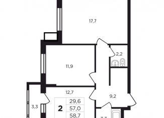 Продам 2-комнатную квартиру, 60.3 м2, деревня Кабицыно