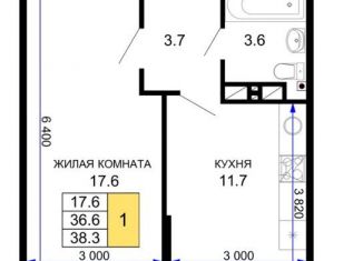 1-ком. квартира на продажу, 38.3 м2, Краснодар