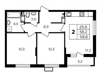 Продается 2-комнатная квартира, 61.4 м2, деревня Кабицыно, жилой комплекс Соседи, 1