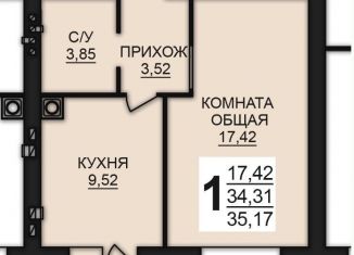 1-комнатная квартира на продажу, 35.2 м2, Богданихское сельское поселение