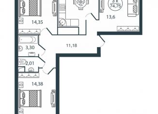 Продаю 3-ком. квартиру, 74.8 м2, Тверь, улица Левитана, 70Б, Московский район