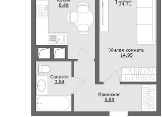 Продам однокомнатную квартиру, 34.7 м2, Московская область