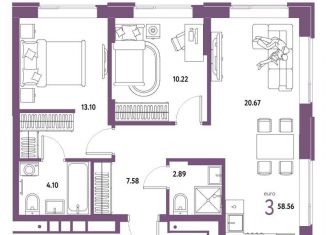 Продаю 2-ком. квартиру, 58.6 м2, Тюмень, Калининский округ