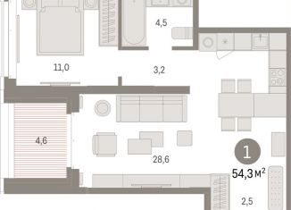 1-ком. квартира на продажу, 54.3 м2, Тюмень