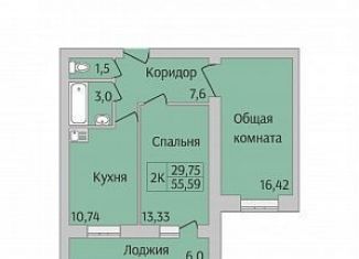 2-ком. квартира на продажу, 55.6 м2, Новосибирск