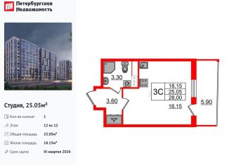 Продается квартира студия, 25.1 м2, Санкт-Петербург, муниципальный округ Коломяги