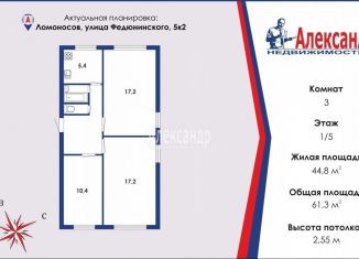 Продам 3-комнатную квартиру, 61.3 м2, Ломоносов, улица Федюнинского, 5к2