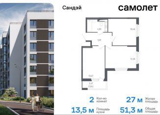 Продаю 2-ком. квартиру, 51.3 м2, Санкт-Петербург, метро Проспект Ветеранов, жилой комплекс Сандэй, 7.2