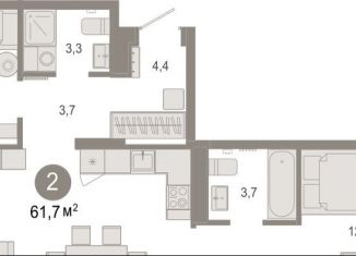 Продаю 2-комнатную квартиру, 61.7 м2, Тюмень, Калининский округ