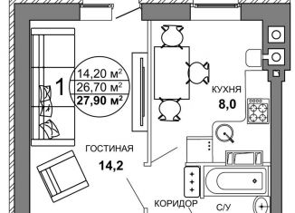 Продаю 1-ком. квартиру, 27.9 м2, Волгоград, улица имени Старшего Лейтенанта Токарева, 7, ЖК Колизей