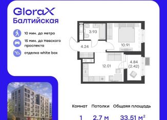 Однокомнатная квартира на продажу, 33.5 м2, Санкт-Петербург, метро Нарвская, улица Шкапина, 43-45