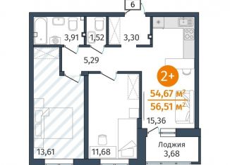 Продается двухкомнатная квартира, 54.7 м2, деревня Дударева