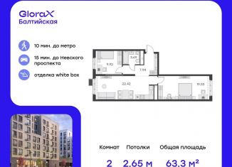 Продается 2-комнатная квартира, 63.3 м2, Санкт-Петербург, метро Балтийская, улица Шкапина, 43-45