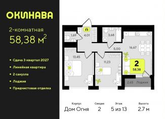 Продаю двухкомнатную квартиру, 58.4 м2, Тюмень