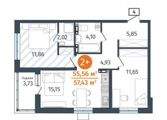 Продажа 2-комнатной квартиры, 55.6 м2, деревня Дударева