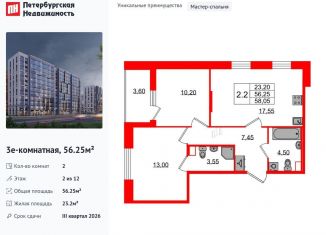 Продам 2-ком. квартиру, 56.3 м2, Санкт-Петербург, муниципальный округ Коломяги