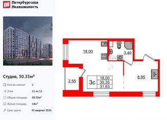 Продам квартиру студию, 30.4 м2, Санкт-Петербург, метро Проспект Просвещения