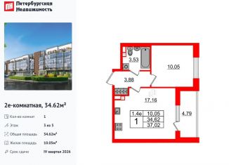 Однокомнатная квартира на продажу, 34.6 м2, Санкт-Петербург, метро Звёздная