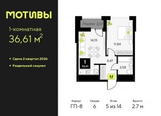 Продаю однокомнатную квартиру, 36.6 м2, Тюмень, Калининский округ, улица Первооткрывателей, 15