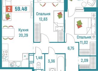 Продам 2-ком. квартиру, 59.5 м2, Мурино