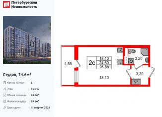 Продам квартиру студию, 24.6 м2, Санкт-Петербург, муниципальный округ Коломяги