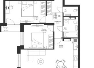 Продажа 2-ком. квартиры, 69.2 м2, Казань, ЖК Мой Ритм, жилой комплекс Мой Ритм, ПК4