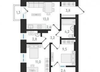 Продается 3-комнатная квартира, 50.1 м2, Новосибирск, жилой комплекс Русское солнце, 4