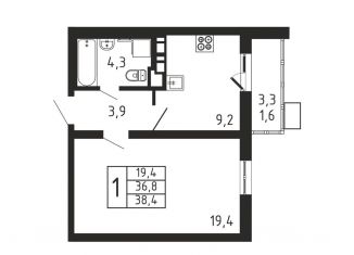 Продам 1-ком. квартиру, 38.4 м2, деревня Пирогово