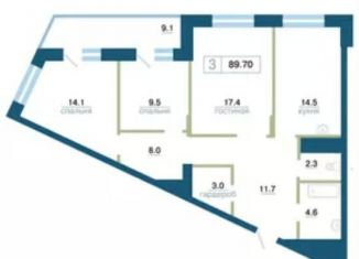 Трехкомнатная квартира на продажу, 89.7 м2, Красноярский край, улица Профсоюзов, 2