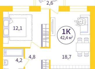 Продаю 1-ком. квартиру, 40.6 м2, Екатеринбург, метро Проспект Космонавтов