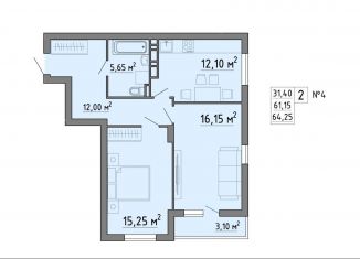 Продается 2-комнатная квартира, 64.3 м2, Липецк