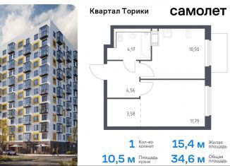 Продажа 1-комнатной квартиры, 34.6 м2, Виллозское городское поселение, жилой комплекс Квартал Торики, к1.1