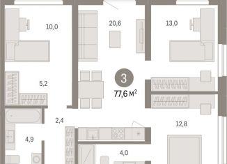 Продажа трехкомнатной квартиры, 77.6 м2, Новосибирск, улица Аэропорт, 88