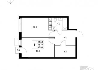 Продам 1-комнатную квартиру, 43.8 м2, деревня Марусино