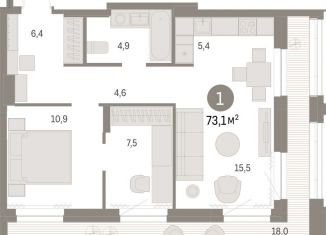 Продаю 1-ком. квартиру, 73.1 м2, Новосибирская область