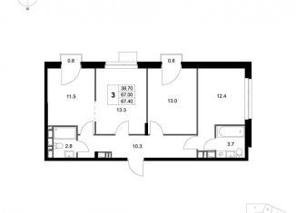 Продаю трехкомнатную квартиру, 67.4 м2, деревня Марусино