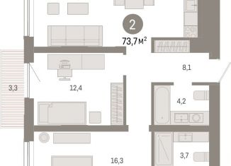 Продаю 2-ком. квартиру, 73.7 м2, Новосибирск, Октябрьский район