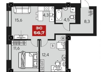 Продам двухкомнатную квартиру, 56.7 м2, Новосибирск, ЖК Инские Холмы