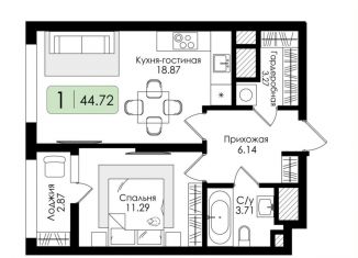 Продается 1-комнатная квартира, 44.7 м2, Тула