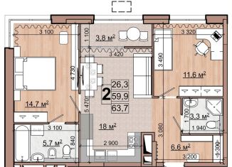 Продается 2-ком. квартира, 61.8 м2, Жуковский, улица Гудкова