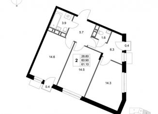 Продаю 2-комнатную квартиру, 61.1 м2, деревня Марусино